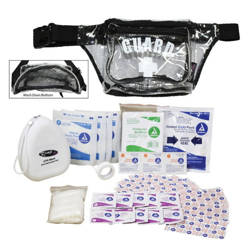 Kemp Hip Pack with Mesh Drain, GUARD Logo, First Aid Supply Pack, Clear