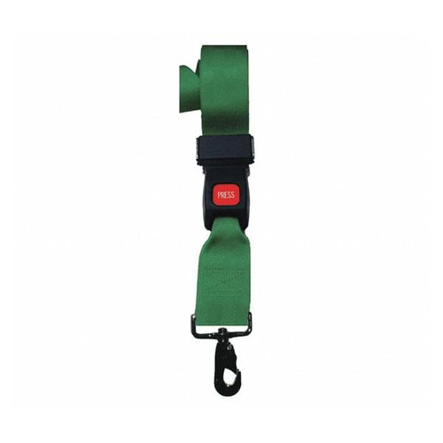 foot green nylon strap with a metal push-button buckle and swivel speed clip, produced by Dick Medical Supply for securing patients to backboards or stretchers. These durable, green (GR) straps are often used in medical, rescue, or EMS settings.