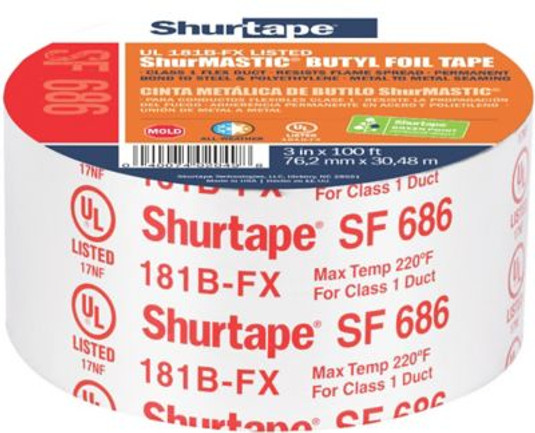 33N63 - Shurtape ShurMASTIC SF 686 UL Listed-Printed Butyl Foil Tape, 3" x 100', Silver Printed