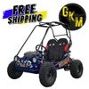 TrailMaster Mini XRX+ Kids Go Kart Ages 4+, blue two-seat children's go-kart with black roll cage, red-accented seats, and large off-road tires, shown with free shipping and 6 km/h speed graphics.