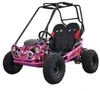 TrailMaster Mini XRX+ Kids Go Kart Ages 4+, pink two-seat off-road go-kart with roll cage, safety harnesses, headlights, and chunky tires on a white background