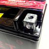 TrailMaster 200 XRS and 200 XRX Go Kart Battery, close-up of the battery with metal mounting bracket and top cover with red and black labels.