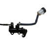 Trailmaster Mini Plus Hydraulic Brake Assembly, detailed view of black metal brake master cylinder and hydraulic lines with reservoir.
