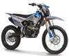 Trailmaster MX250 Pro Dirt Bike, a detailed image of a blue and black off-road motorcycle with a 35.5-inch seat height featuring manual, electric, and kick start options.