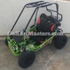 Assembled TrailMaster Mini XRX/R+ Go Kart with Reverse for Ages 4+, showing a green frame, black seats with red accents, large black off-road tires, and a roll cage for safety.