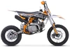 Trailmaster TM23 Youth Dirt Bike 29" Seat, semi-auto, electric start, off-road motorcycle for kids with black, white, and orange design and knobby tires.