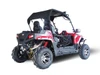 Trailmaster Challenger 300 EX 300cc SXS, rugged off-road utility vehicle with a black and red body, sturdy tires, and a canopy roof.