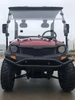 Trailmaster Taurus 200U Utility SXS UTV, front view of red and black all-terrain vehicle with rugged tires, headlamps, and a clear windshield.