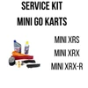 Mini Go-Kart Complete Service Kit, image of various maintenance tools and supplies including oil, chain cleaner, red removal tool, chains, and other parts for Mini XRS, Mini XRX, Mini XRX-R models.