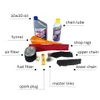 Mini Go-Kart Complete Service Kit, image of various components including oil, chain lube, funnel, shop rags, air filter, fuel filter, spark plug, master links, upper chain, lower chain, and tool spares.