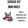 Mini Bike Complete Service Kit, image of assorted maintenance tools and products for Storm 200, MB200, Hurricane 200X, Hurricane PRO mini bikes including oils, chain lube, chain, and other repair parts.