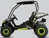 TrailMaster Cheetah 6 Youth Go-Kart, sporty black and neon green design with rugged tires, side view showing steering wheel, seat, and engine.