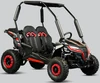 TrailMaster Cheetah 6 Youth Go-Kart, black and red electric off-road go-kart with three seats, safety harnesses, and large rugged tires on a gray background.