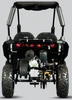 TrailMaster Cheetah 6 Youth Go-Kart, front view of the go-kart showing the engine, tires, and steering wheel against a gray background.