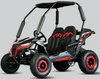 TrailMaster Cheetah 6 Youth Go-Kart, black and red off-road go-kart with a sturdy frame, three seats with red harnesses, large rugged tires, and a protective canopy.