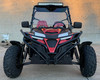 TrailMaster Cheetah 300EX Deluxe EFI Go-Kart/UTV Crossover, front view of black and red off-road vehicle with large knobby tires and a protective roll cage.