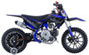 TrailMaster TM06-60 Beginner Dirt Bike, blue and black off-road motorcycle with knobby tires and training wheels.