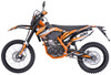 TrailMaster TM38EX (300 EFI) Deluxe Dual-Sport Dirt Bike, orange and black off-road motorcycle with knobby tires, front and rear disc brakes, and a sleek design suitable for dirt and street riding.