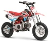 TrailMaster SK110A 110cc Fully Automatic Kids Dirt Bike, red, white, and black mini dirt bike with knobby tires, front suspension forks, and engine components visible.