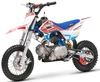 TrailMaster SK110A 110cc Fully Automatic Kids Dirt Bike, off-road dirt bike with blue, red, and white color scheme, knobby tires, front suspension, and chain drive system.