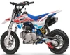 TrailMaster SK110A 110cc Fully Automatic Kids Dirt Bike, shown in a side view with red, white, blue, and black graphics, featuring a blue seat, knobby tires, and a compact engine.