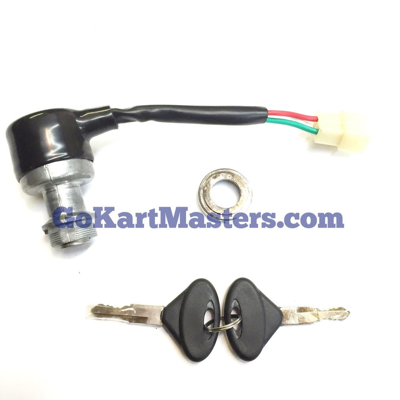 TrailMaster Challenger 150 Ignition Key Switch, with keys and mounting hardware for scooter or ATV ignition system.