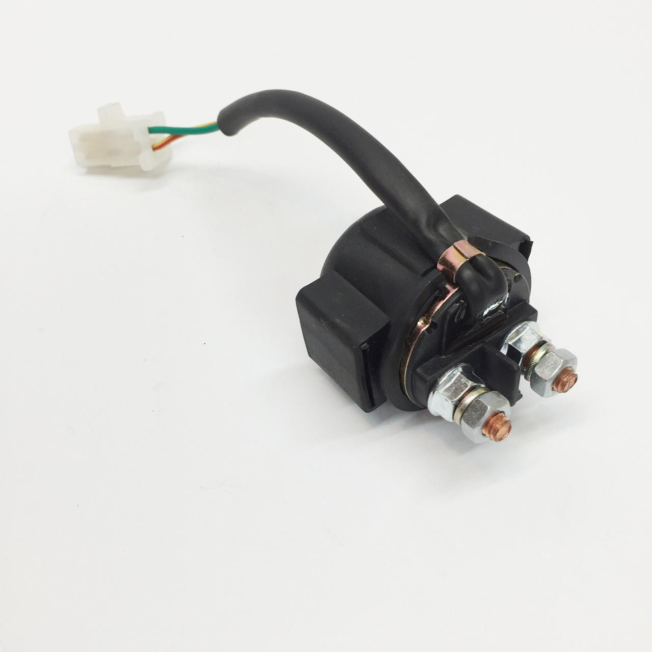 TrailMaster 150 XRS & 150 XRX Solenoid Starting Relay, black electrical relay with cables and terminals for ATV and golf carts.