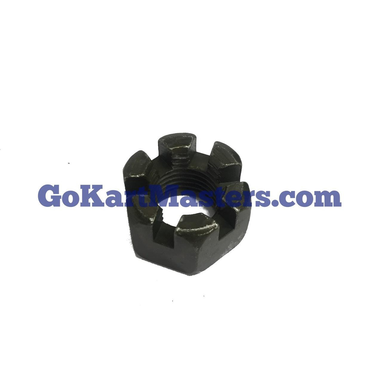 TrailMaster 150 & 300 Front Axle Nut, black castellated axle nut with threaded center shown on a white background.