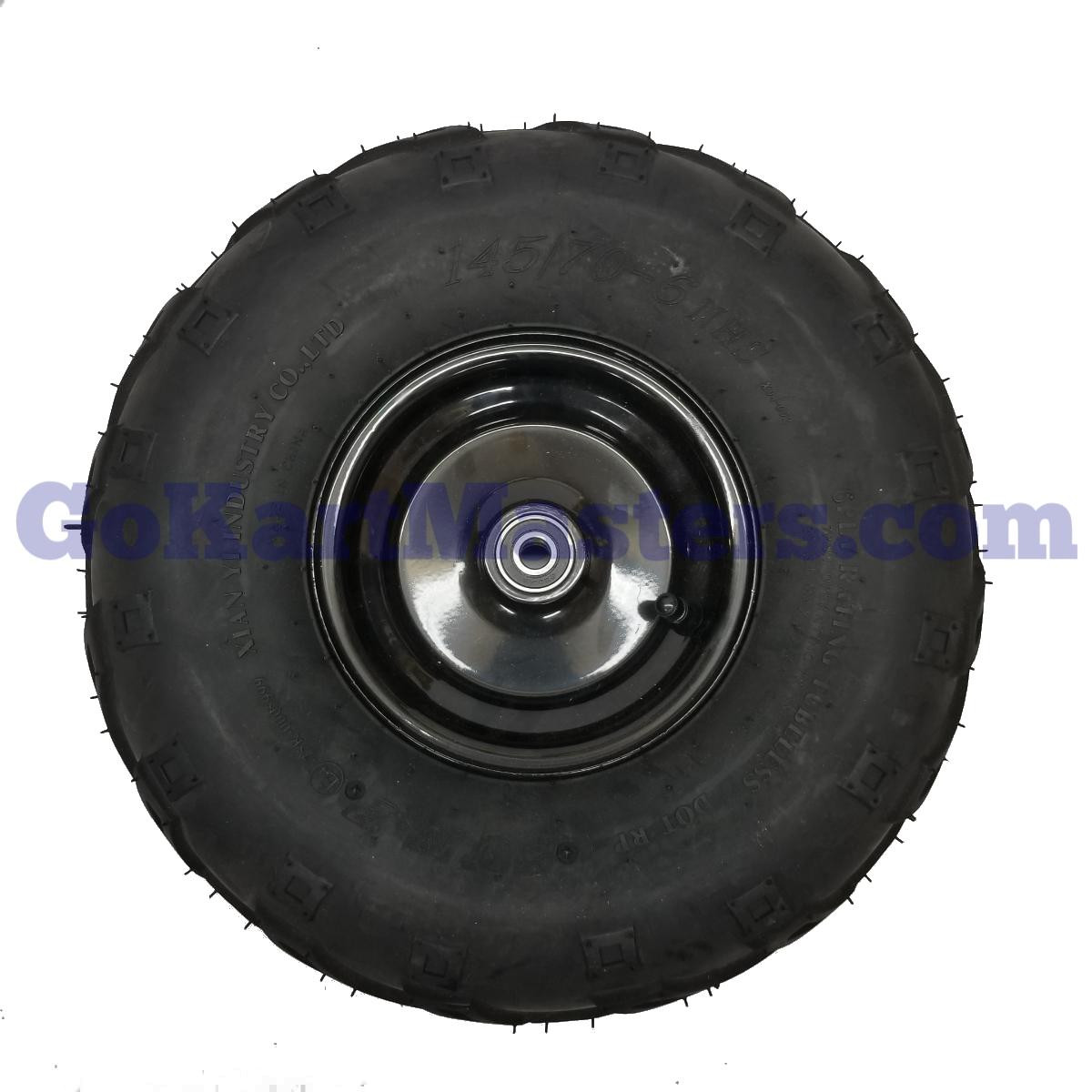 Mini XRX Plus & Mini XRX-R Plus Left Front Wheel & Tire Assembly 145/70-6, black tire with glossy black wheel and center hub shown against a white background.