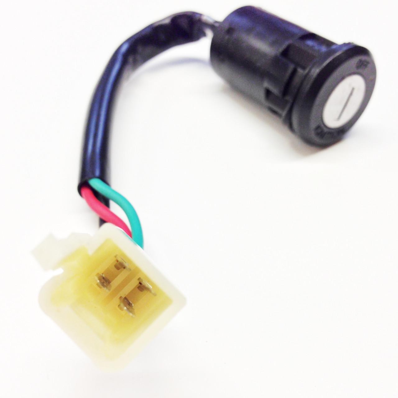TrailMaster Mini XRX+/XRX-R+ Ignition Key Switch, black cylindrical ignition switch with wiring harness and connector for ATVs or scooters.