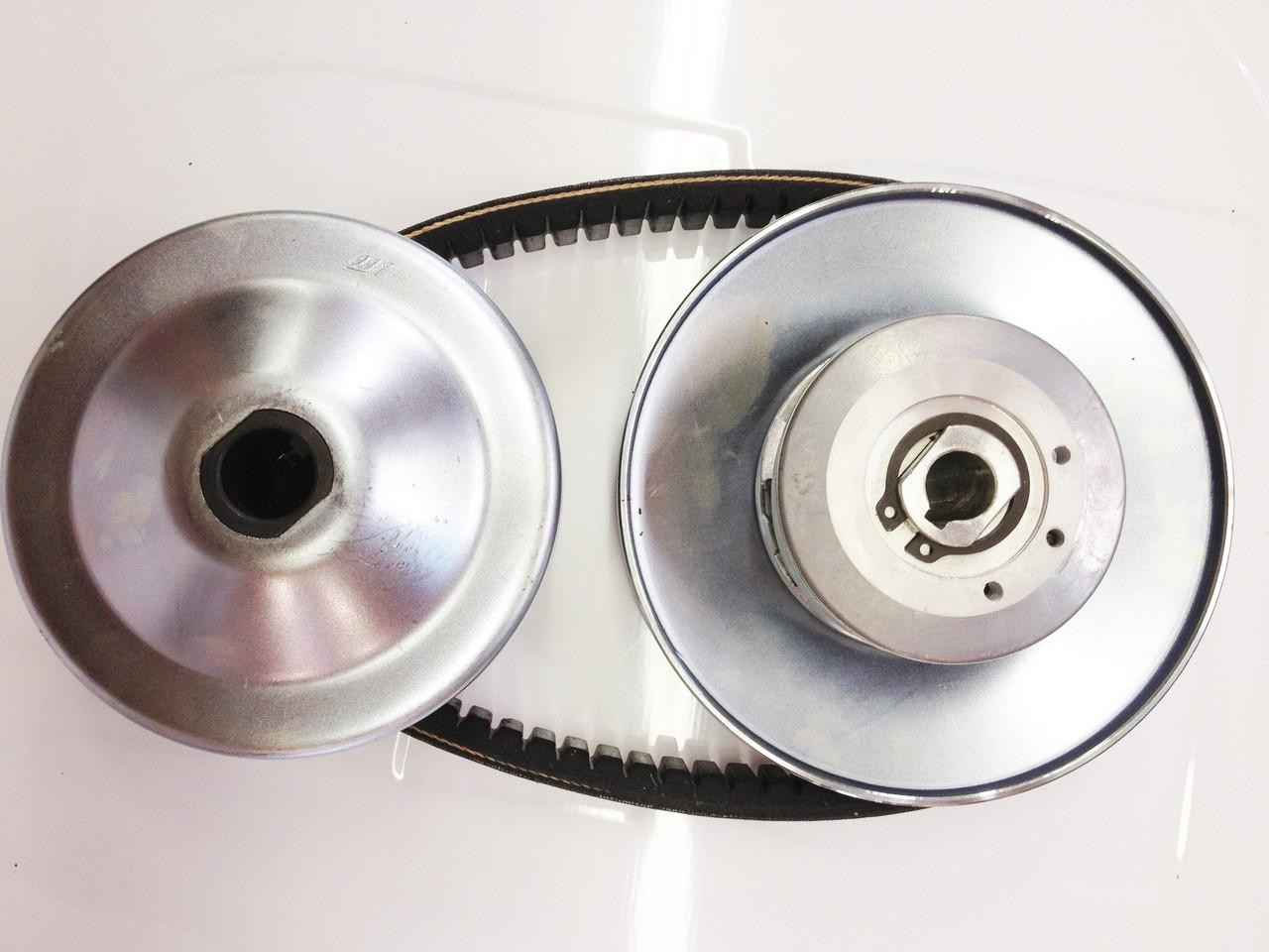 TrailMaster Mid XRS And XRX Go-Kart Belt Drive Kit, metal pulleys with a belt connecting them.