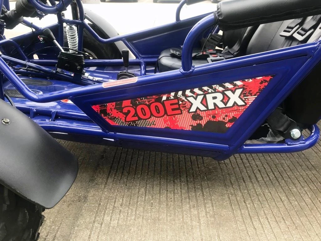 TrailMaster Go Kart 200E XRX Go Kart, close-up of the blue chassis and side panel with red and white graphic design and model name.