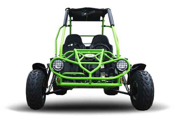 TrailMaster 200 XRS EFI – Full-Size Adult Go Kart with Fuel Injection, CVT, 200cc Engine, front view showing a vibrant green frame, large rugged tires, black seats, and protective roll cage.
