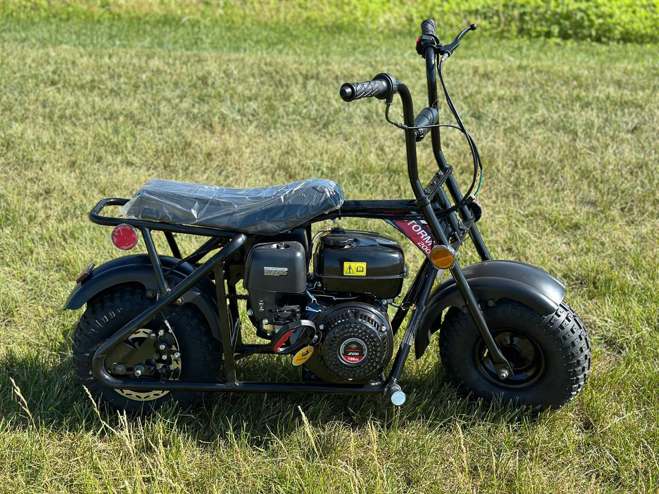 TrailMaster Storm 200 MiniBike, black mini motorcycle with a small engine, thick tires, and a minimalist frame, parked on grass.