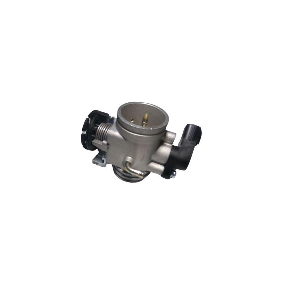 Trailmaster 200 EFI Throttle Body, image of a metallic throttle body component with attached black connectors and mounting parts.