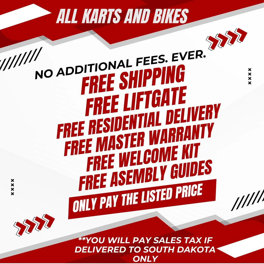 TrailMaster Blazer 200 EX Go Kart – Full-Size Youth & Teen Kart with Roll Cage, Electric Start & Reverse, in red and white colors with promotional text highlighting free shipping, liftgate, residential delivery, warranty, welcome kit, assembly guides, and price details.