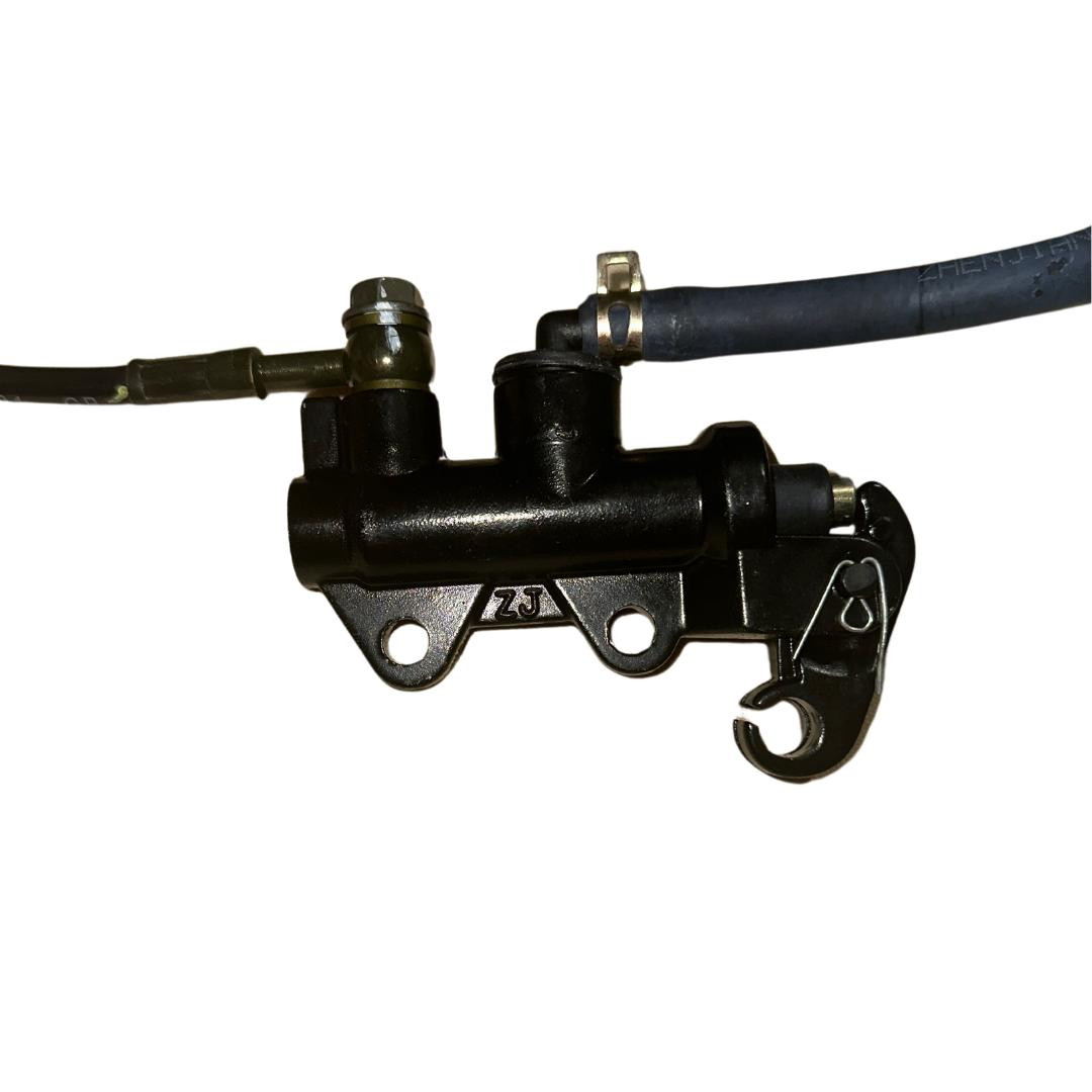 Trailmaster Mini Plus Hydraulic Brake Assembly, black metal construction with hydraulic hoses and hook for attachment.