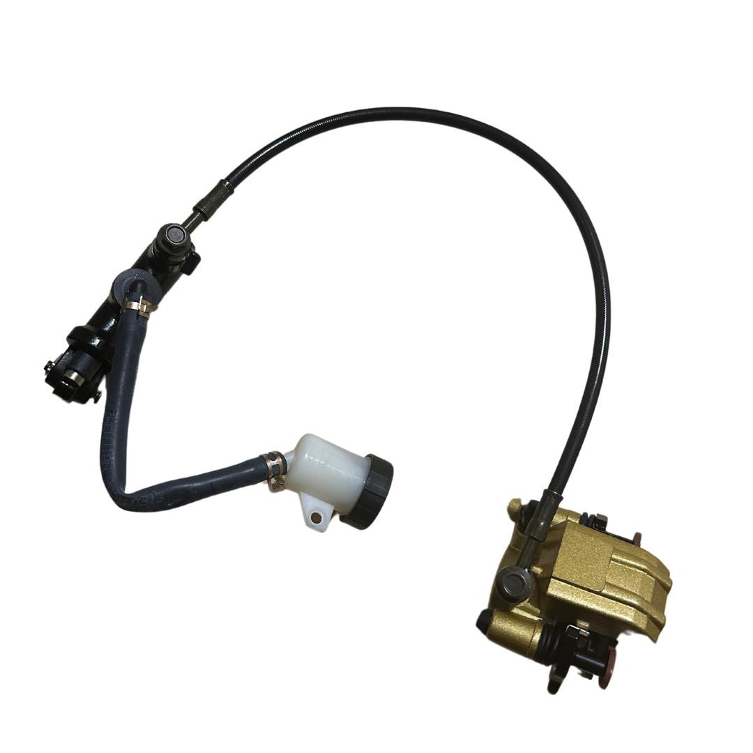 Trailmaster Mini Plus Hydraulic Brake Assembly, compact and durable brake system with gold caliper, black hose, and white reservoir for mini vehicles and go-karts.