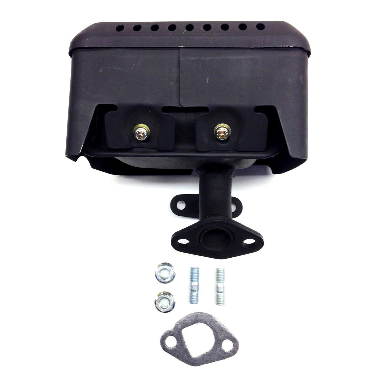Trailmaster Cheetah 8 Go Kart Muffler Kit, black exhaust muffler with mounting hardware and gasket, designed for high performance and durability.