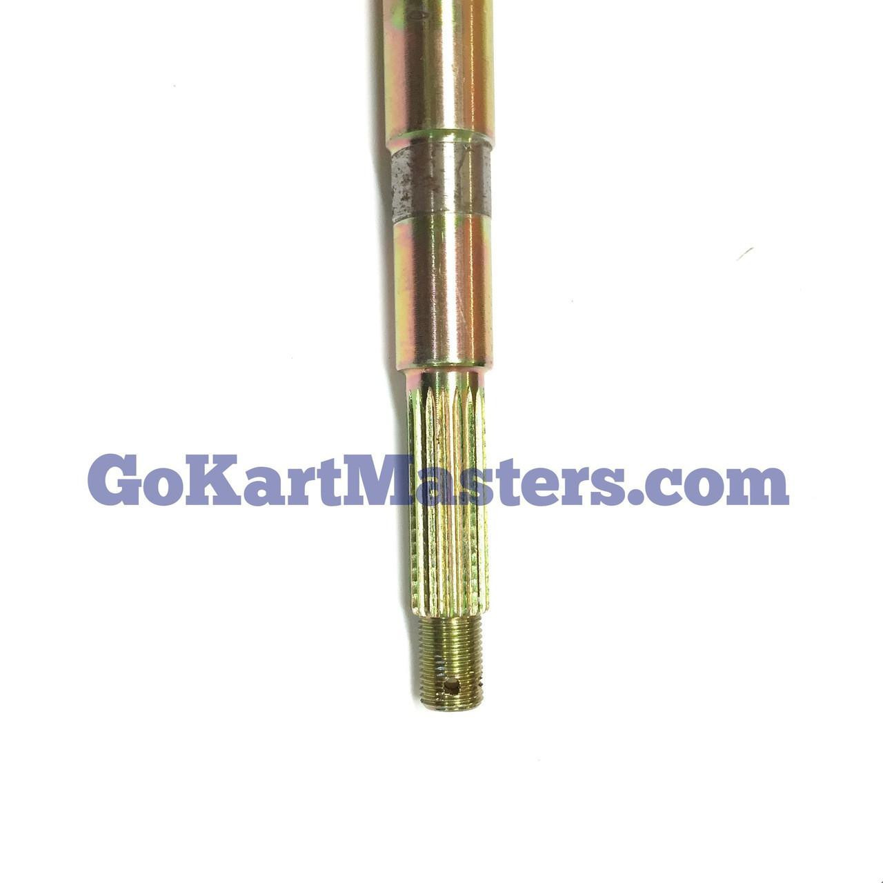 Trailmaster Cheetah 8 Go Kart Rear Axle, a metal shaft with splines and threaded end, used as a replacement part for go-karts.