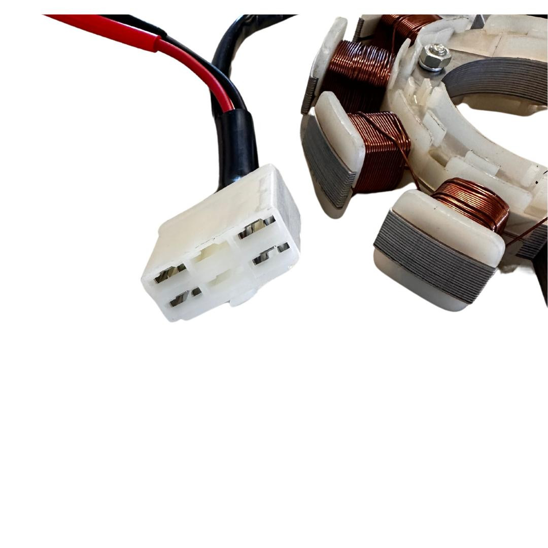Trailmaster Mini Go Kart Stator for 2024 models, close-up of the white stator with copper coils and electrical connected wires.