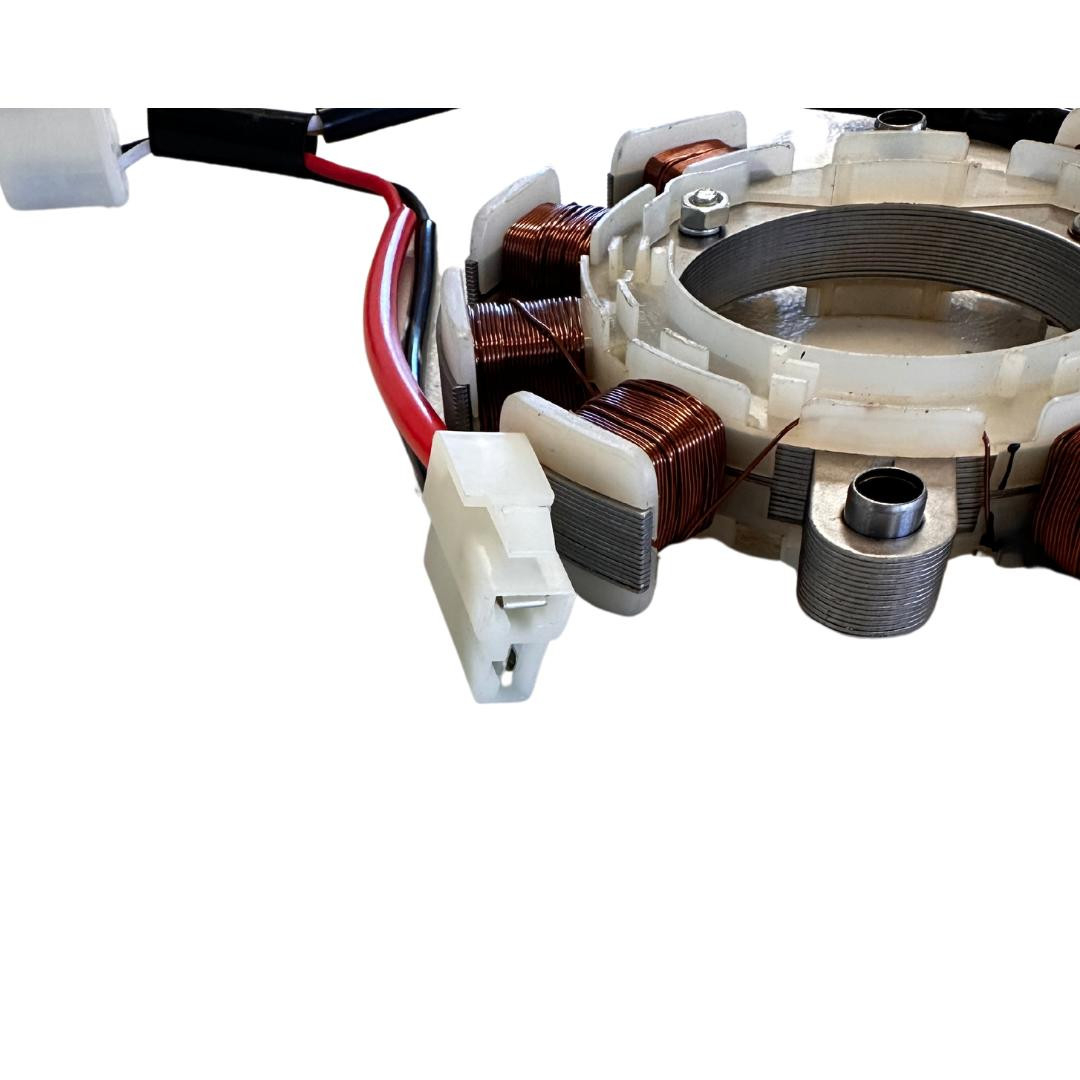 Trailmaster Mini Go Kart Stator for 2024 models, close-up of the electrical stator with copper coils and white plastic housing for mini go-kart engine.