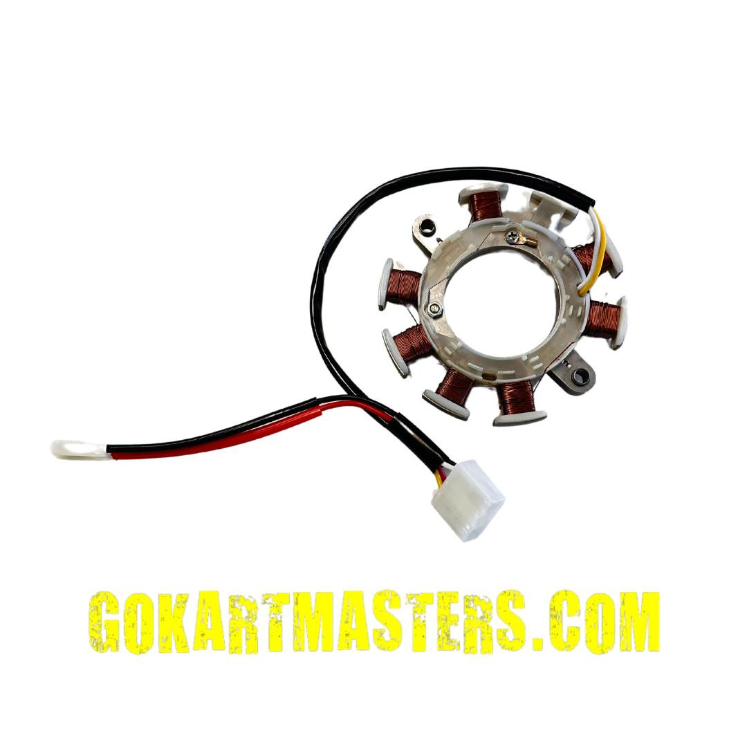 Trailmaster Mid Size Go Kart Stator for 2024 models, a circular electrical component with copper wire coils and attached wiring harness, used in go-kart motors.