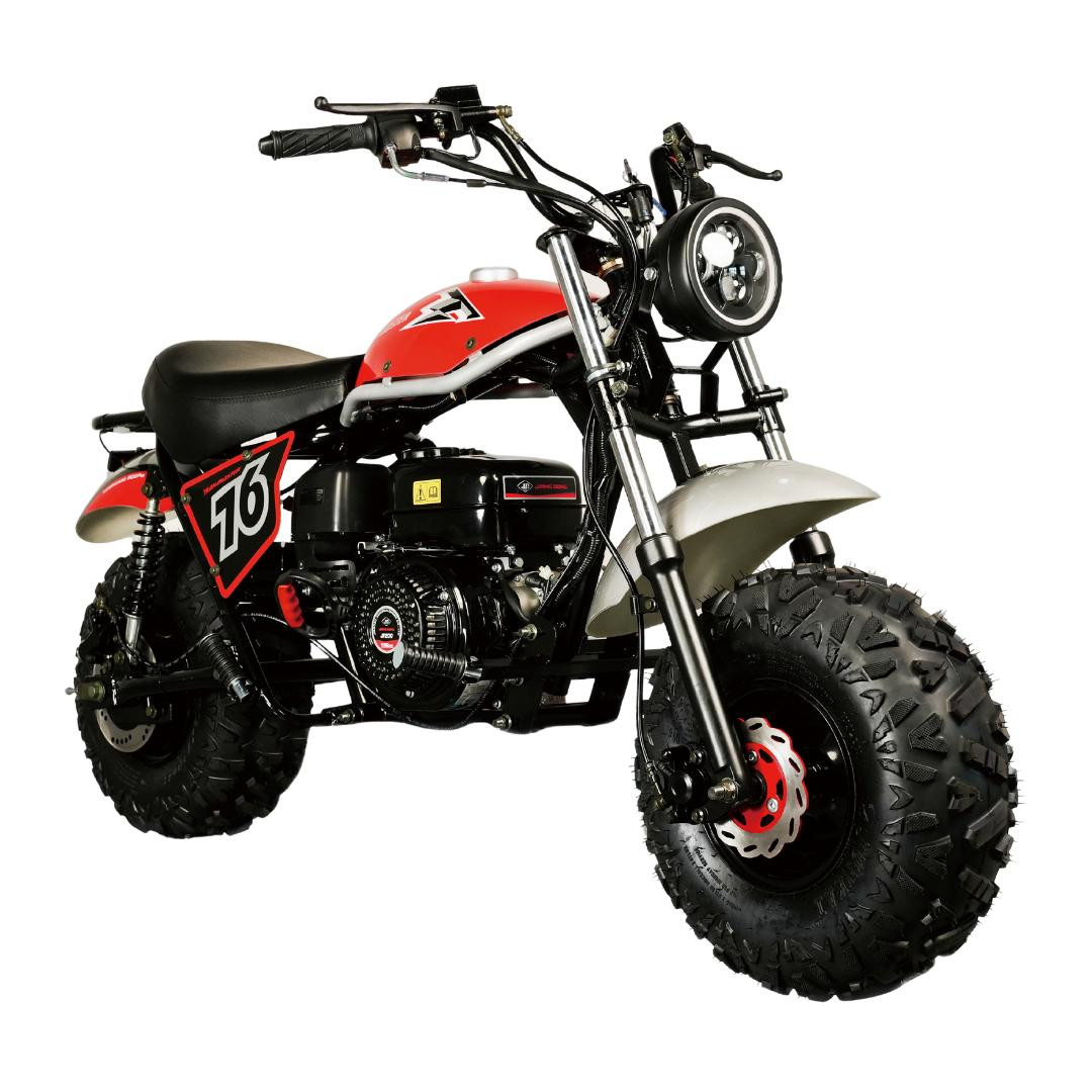 TrailMaster Hurricane 200X PRO Mini Bike, black, red, and white off-road dirt bike with large knobby tires, sturdy frame, high handlebar, and front suspension suitable for young riders and enthusiasts.