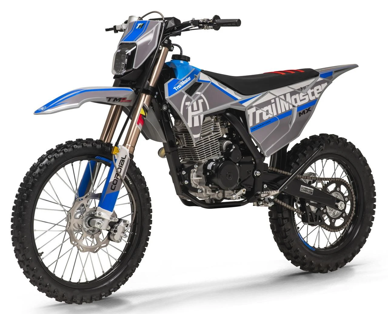 Trailmaster MX250 Pro Dirt Bike, a blue and grey off-road motorcycle with premium suspension, knobby tires, and a compact design for young riders, featuring electric and kick start.