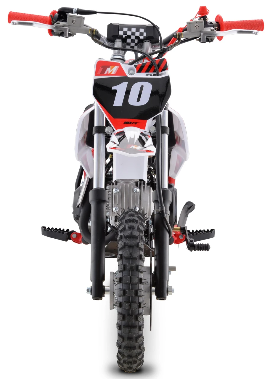 Trailmaster TM10-110 Kids Dirt Bike 24" Seat, Electric Start, Automatic, front view showing hand grips, front wheel, and racing number 10.