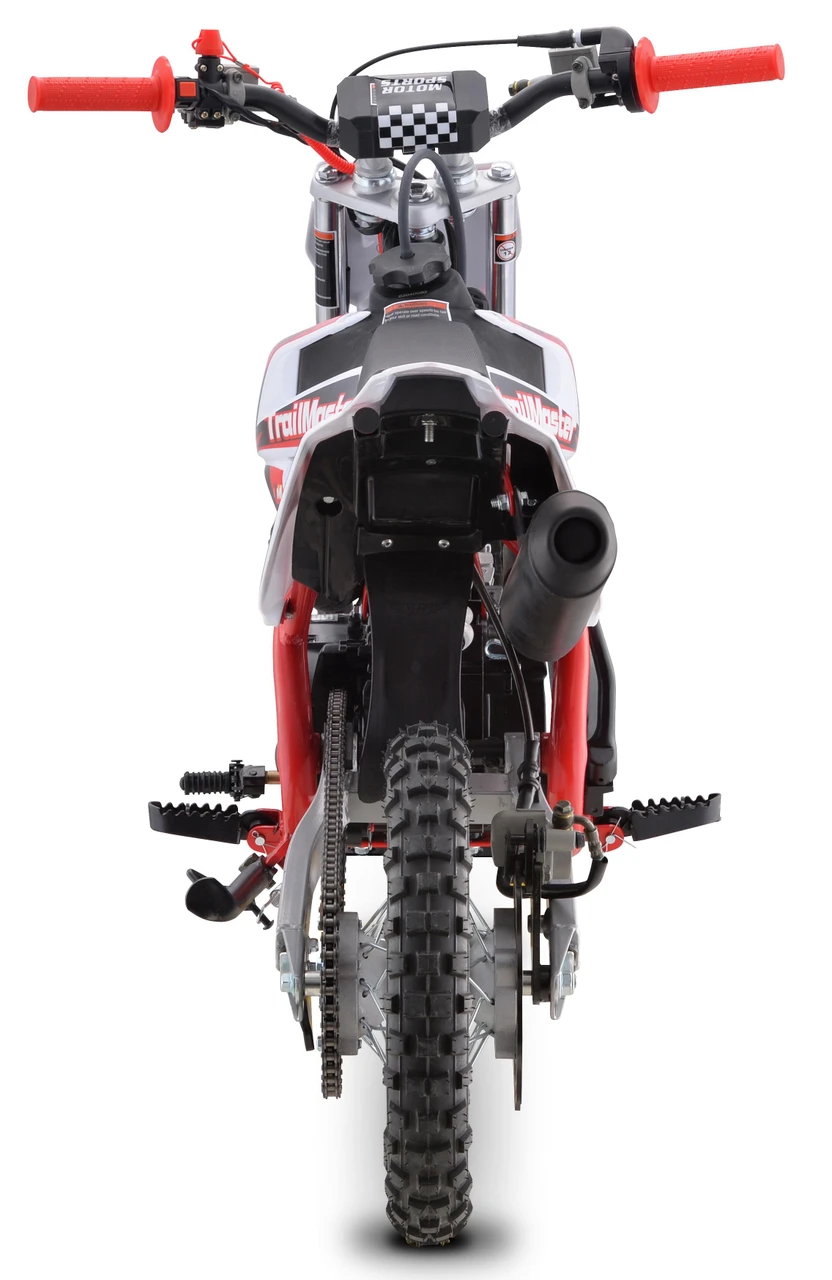 Trailmaster TM10-110 Kids Dirt Bike 24" Seat, Electric Start, Automatic, front view of the off-road motorcycle with knobby tires, red and black handlebars with red grips, and a black exhaust pipe.