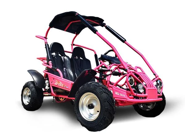 TrailMaster Mid XRX-R Go Kart for Kids with Reverse, Electric Start, 5 Point Harness, assembled, pink off-road vehicle with protective canopy, rugged tires, and sporty design.