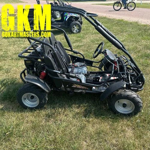 TrailMaster Mid XRX-R Go Kart For Kids with Reverse, Electric Start, 5 Point Harness, assembled, outdoors on grass.