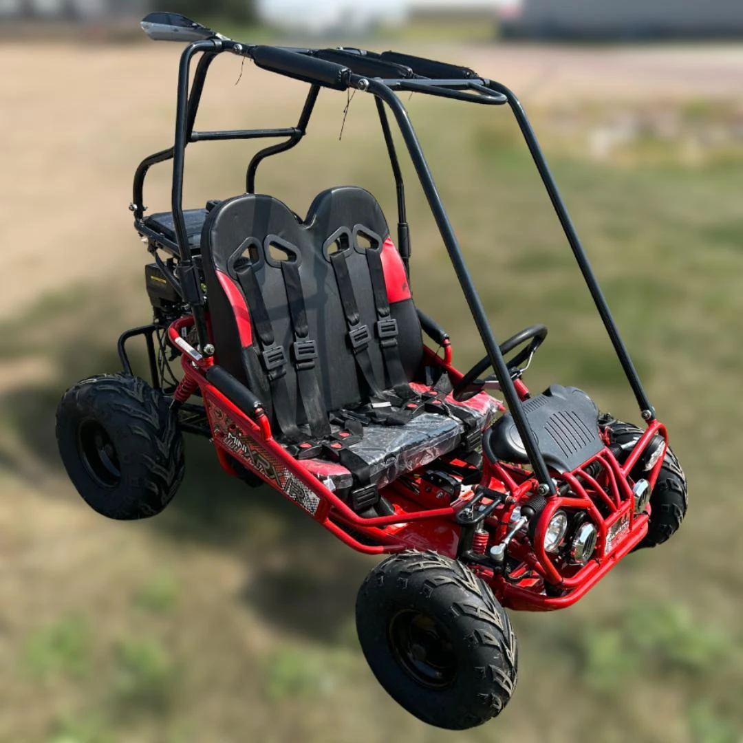 TrailMaster Mini XRX/R+ Go Kart with Reverse, assembled for ages 4 and up, featuring a red frame, dual black seats, and off-road tires.
